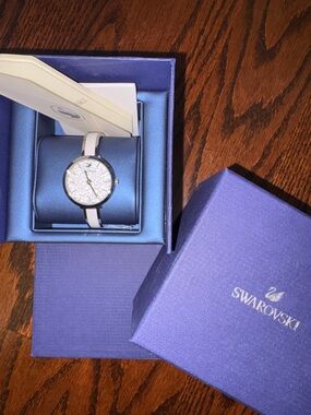 Swarovski Crystal Dial Silver-Tone Watch with White and Silver Bangle